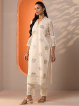 Libas Off White Embroidered Silk Blend Straight Suit Set With Dupatta