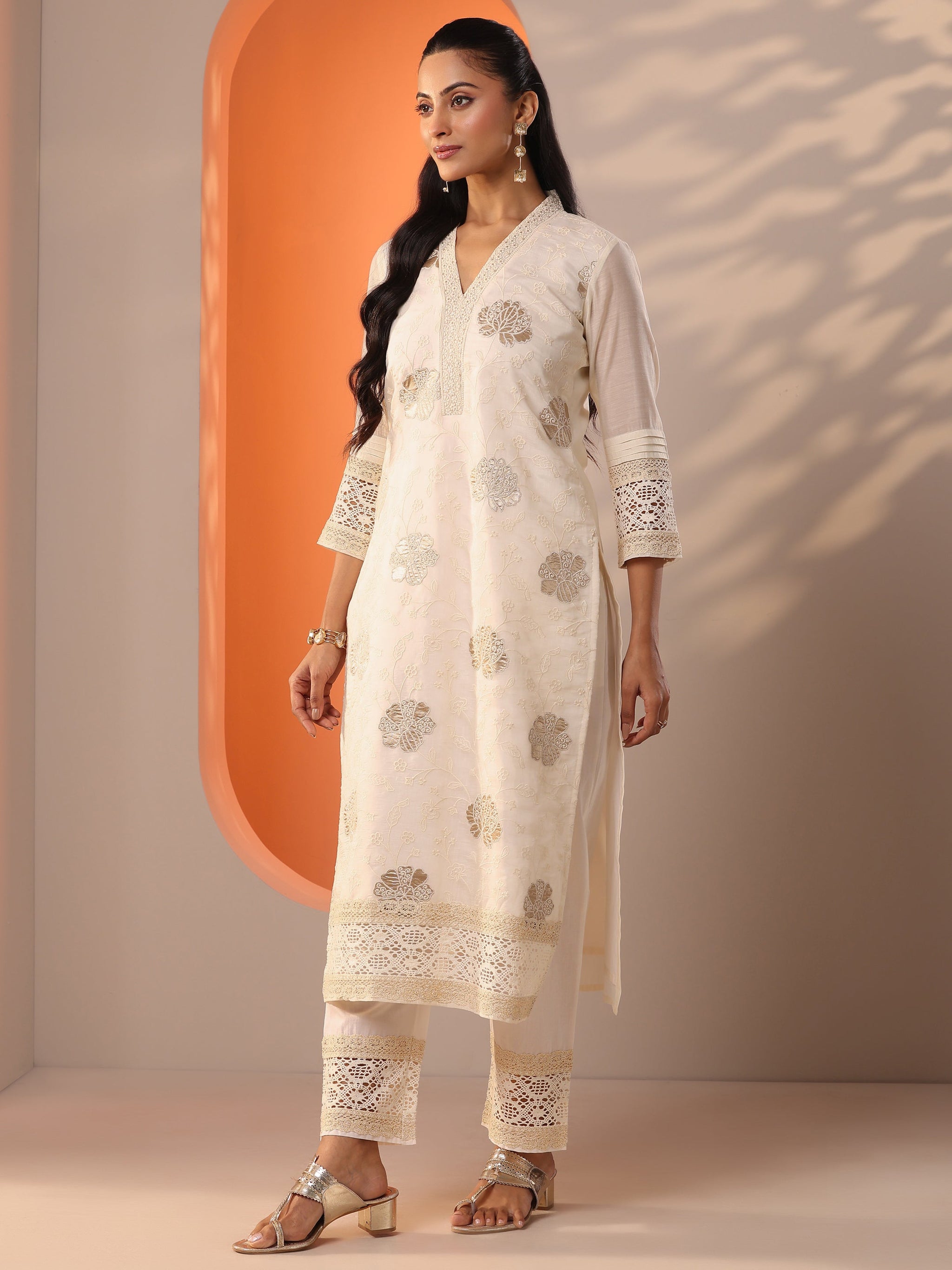 Libas Off White Embroidered Silk Blend Straight Suit Set With Dupatta