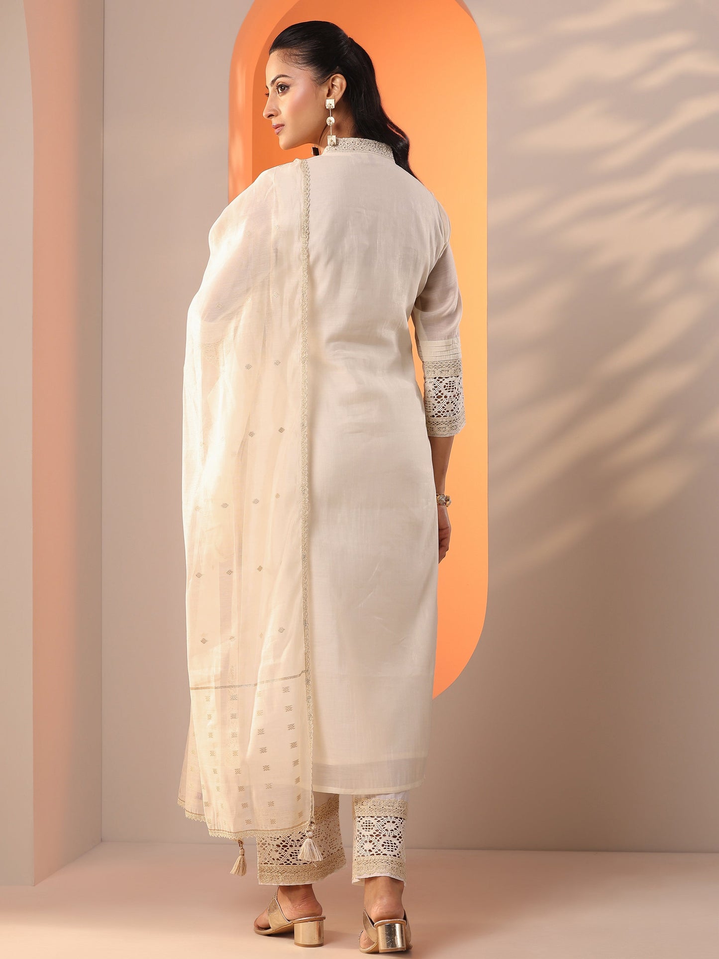 Libas Off White Embroidered Silk Blend Straight Suit Set With Dupatta