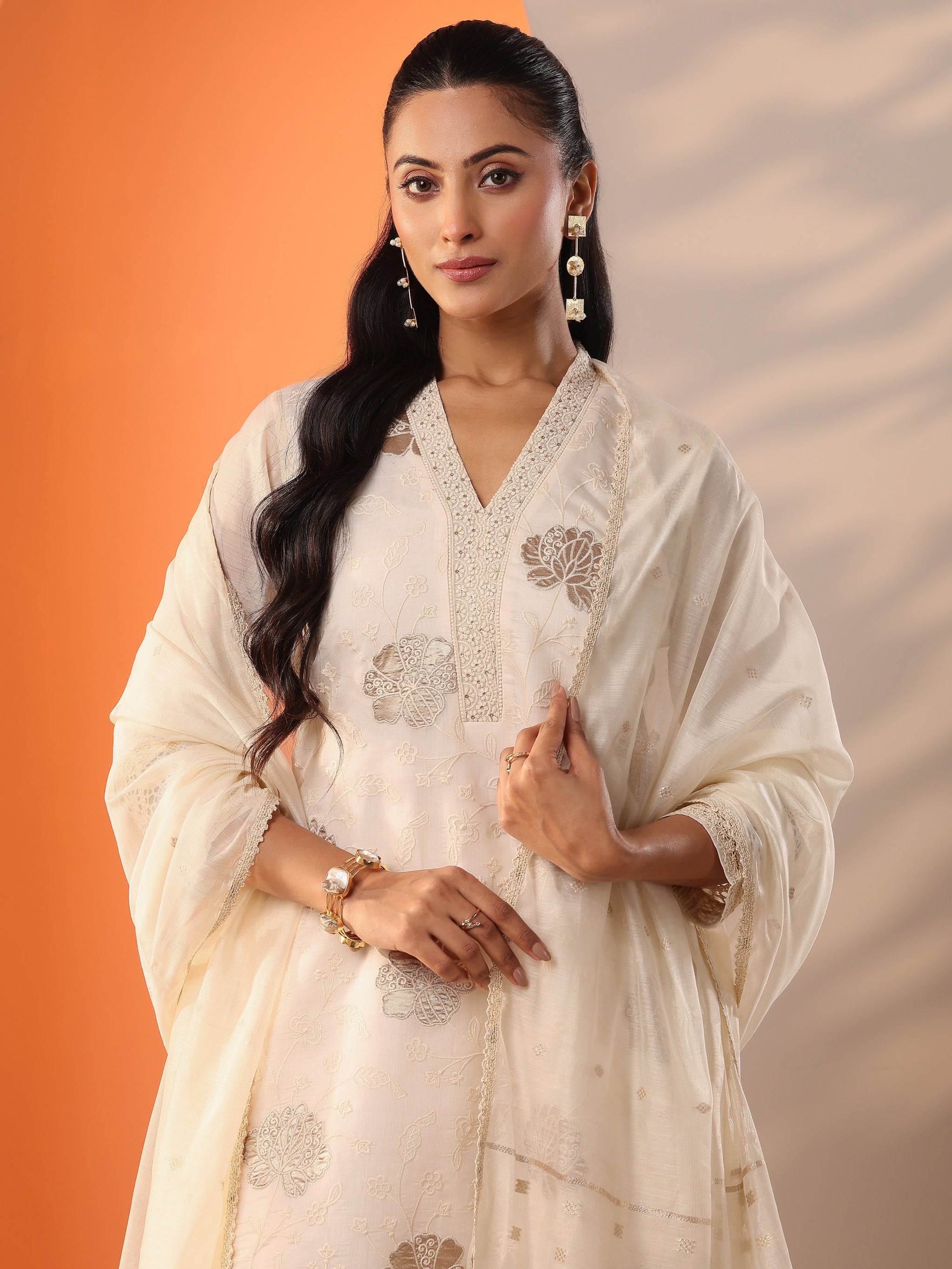 Libas Off White Embroidered Silk Blend Straight Suit Set With Dupatta