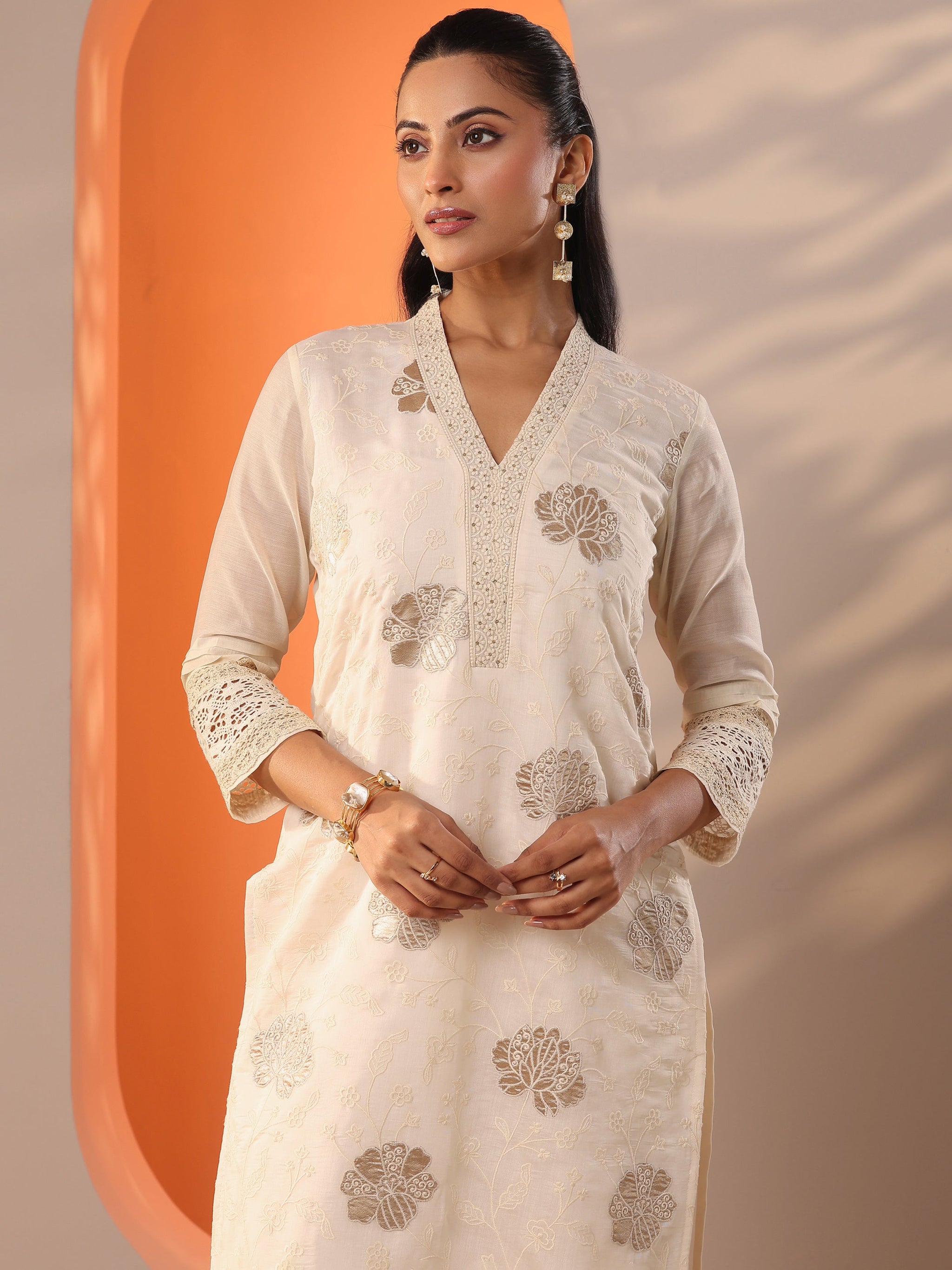 Libas Off White Embroidered Silk Blend Straight Suit Set With Dupatta