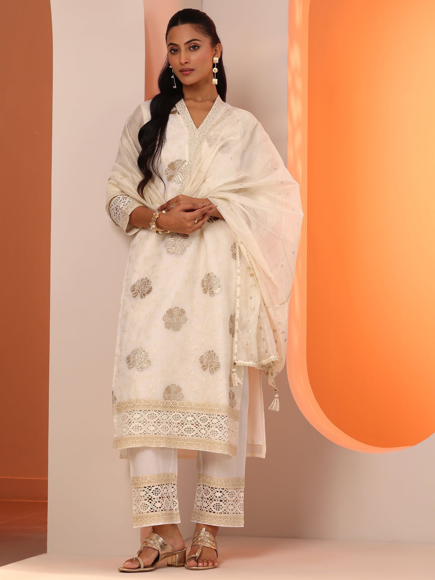 Libas Off White Embroidered Silk Blend Straight Suit Set With Dupatta