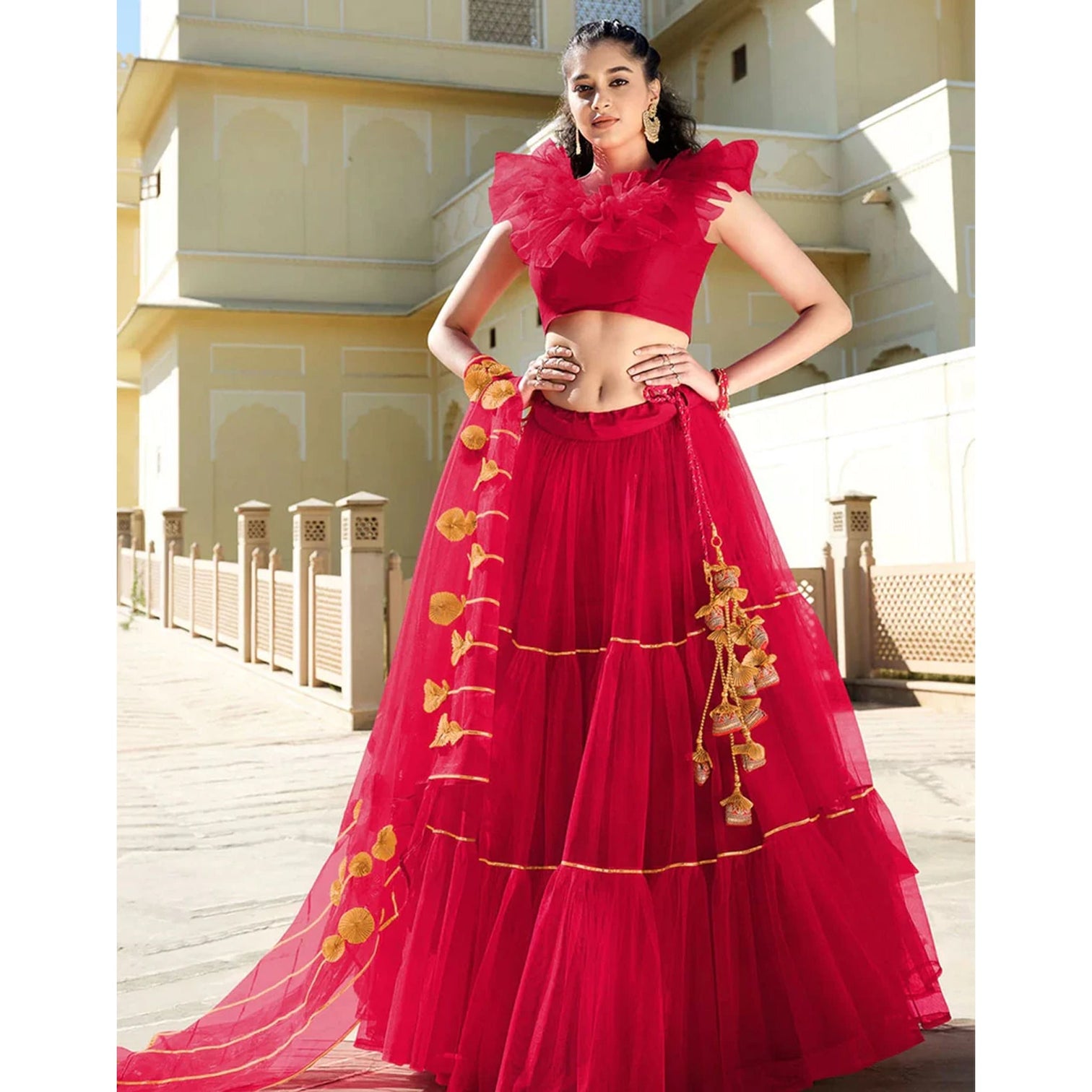Rose Red Gota Patti Pattern work Lehenga choli