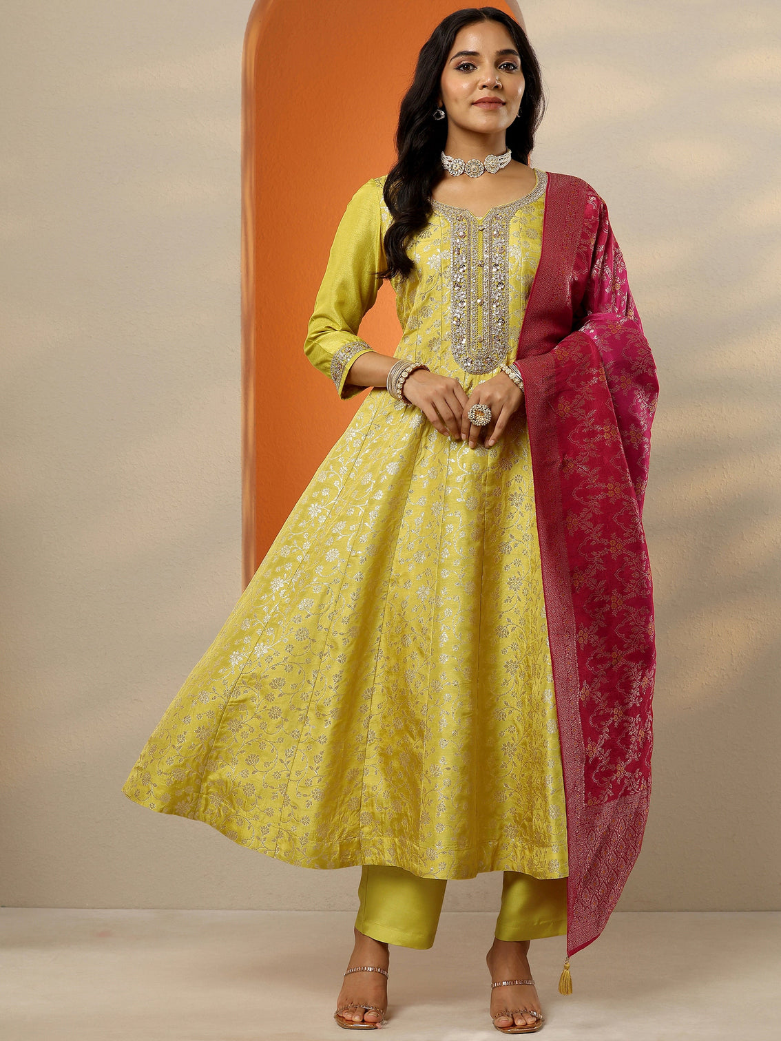 Mameraa Yellow Woven Design Silk Blend Anarkali Suit Set With Dupatta