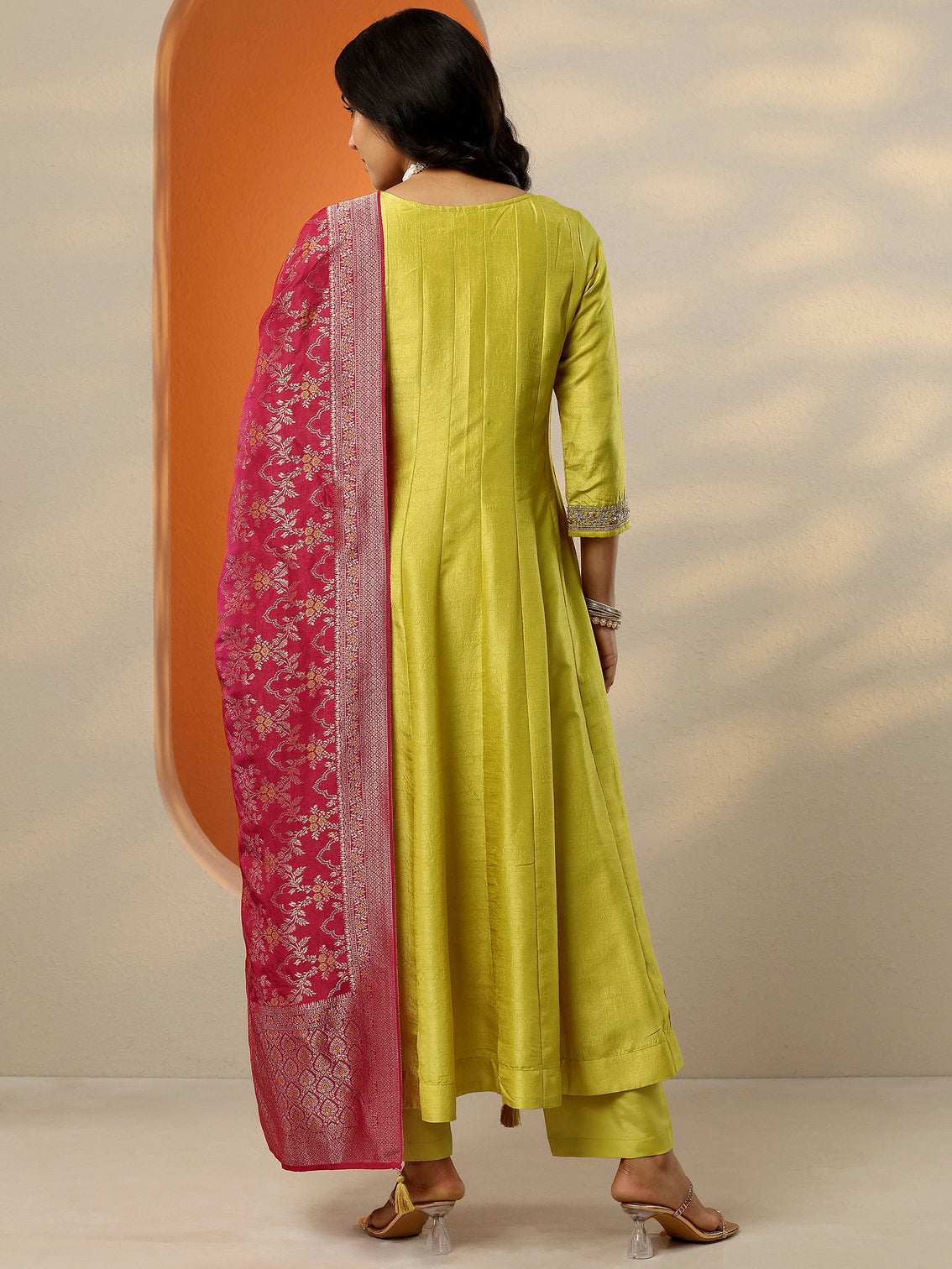 Mameraa Yellow Woven Design Silk Blend Anarkali Suit Set With Dupatta
