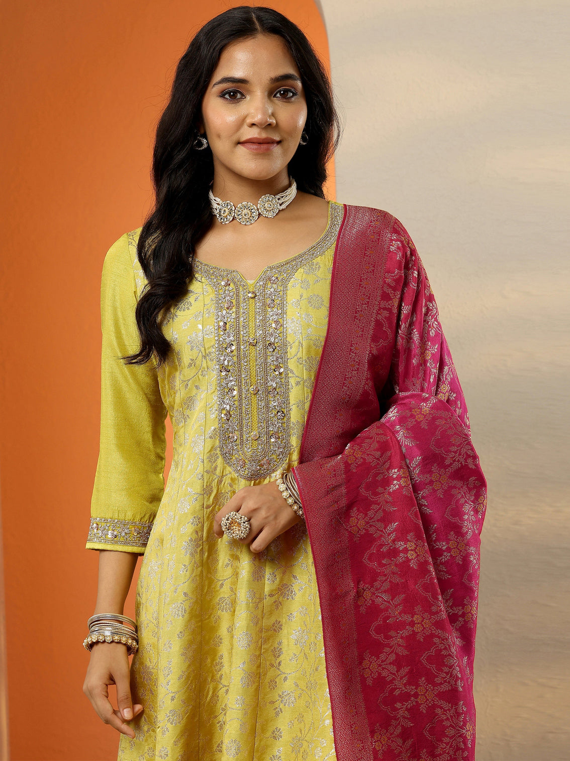 Mameraa Yellow Woven Design Silk Blend Anarkali Suit Set With Dupatta