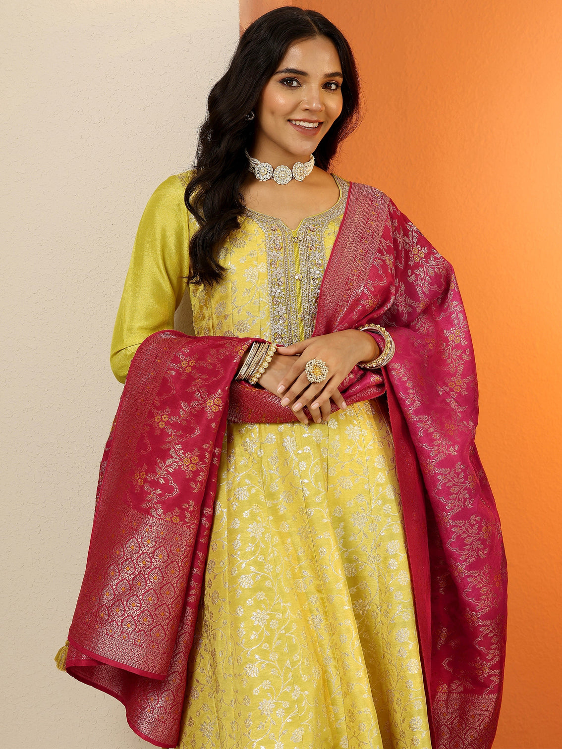 Mameraa Yellow Woven Design Silk Blend Anarkali Suit Set With Dupatta