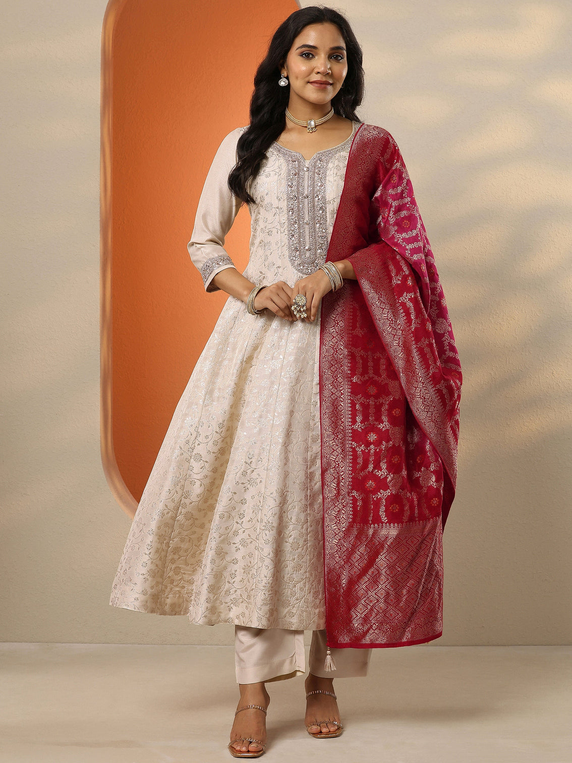 Mameraa Off White Woven Design Silk Blend Anarkali Suit Set With Dupatta