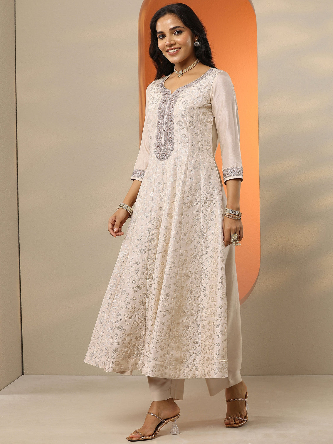 Mameraa Off White Woven Design Silk Blend Anarkali Suit Set With Dupatta