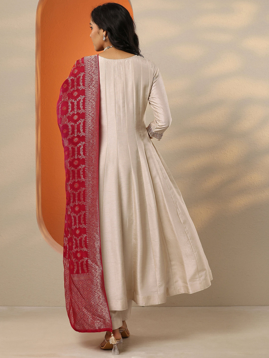 Mameraa Off White Woven Design Silk Blend Anarkali Suit Set With Dupatta