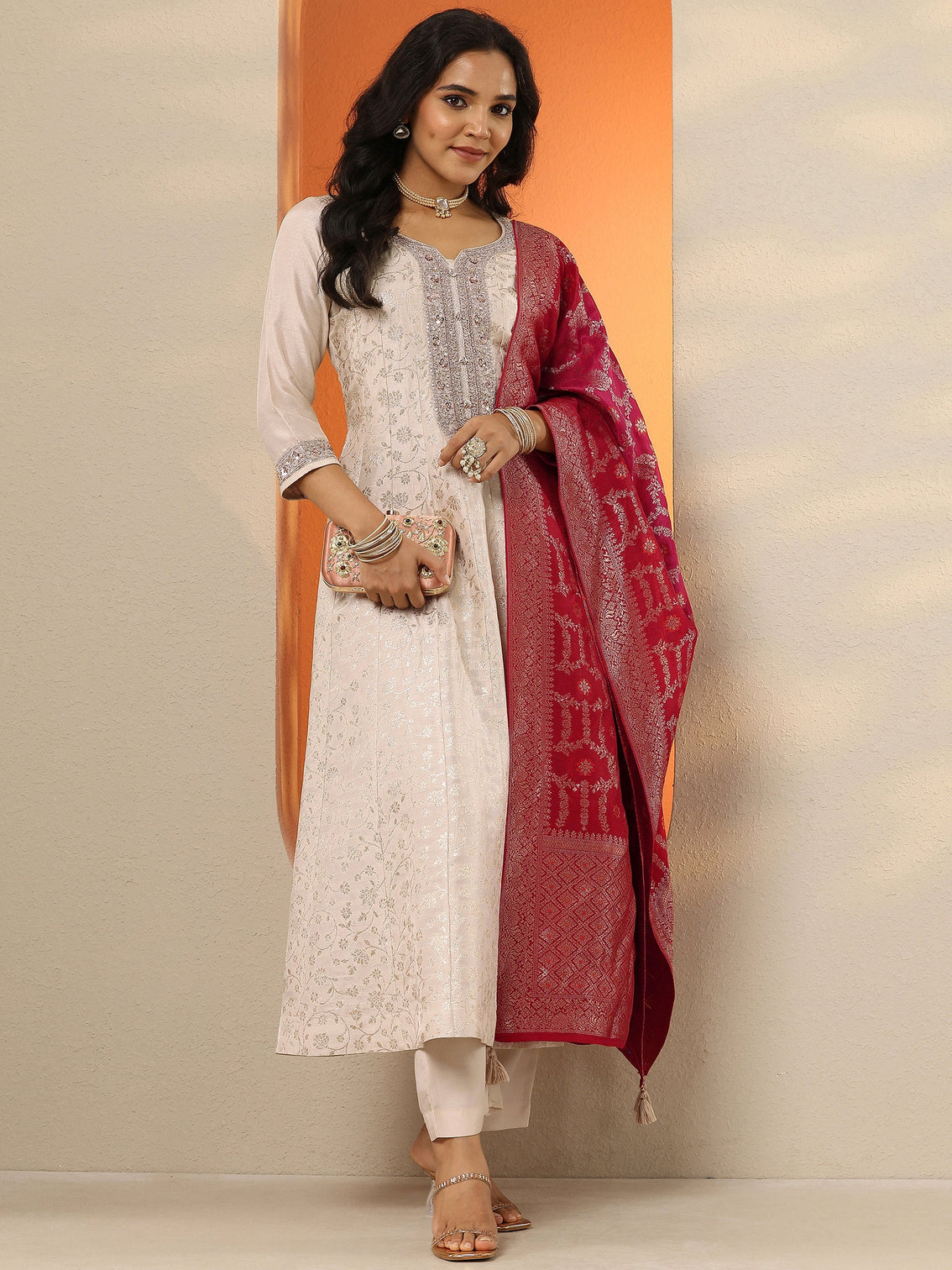 Mameraa Off White Woven Design Silk Blend Anarkali Suit Set With Dupatta