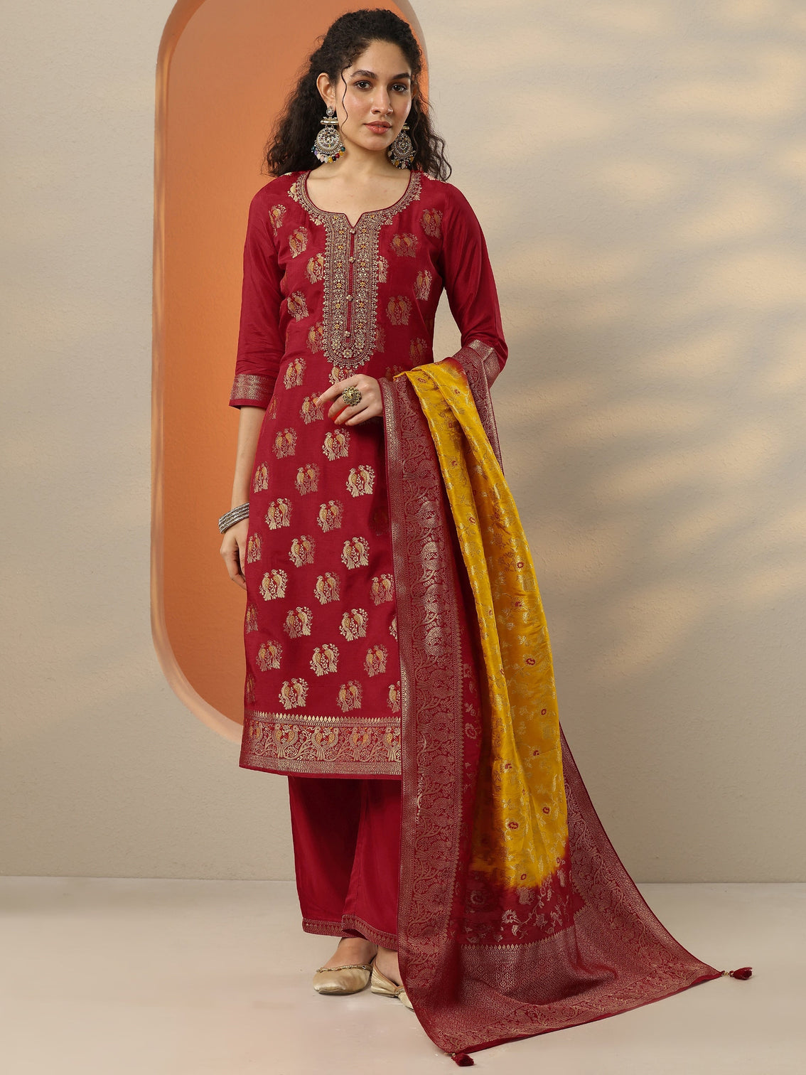 Mameraa Red Woven Design Silk Blend Straight Suit Set With Dupatta