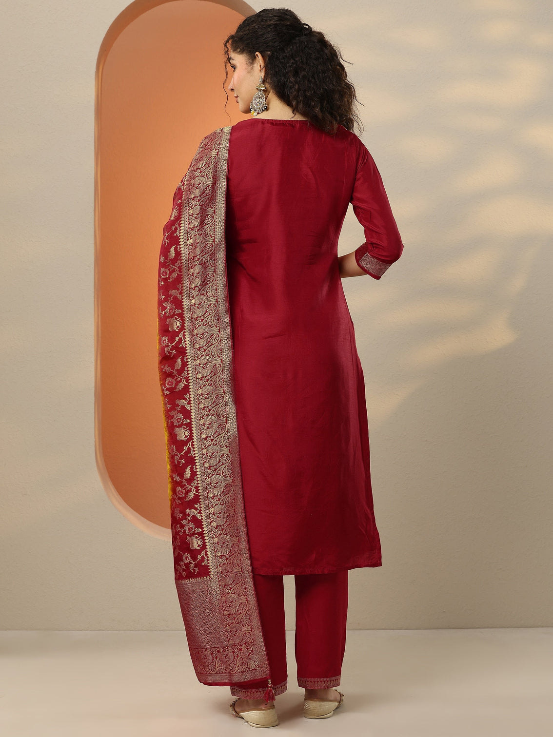 Mameraa Red Woven Design Silk Blend Straight Suit Set With Dupatta