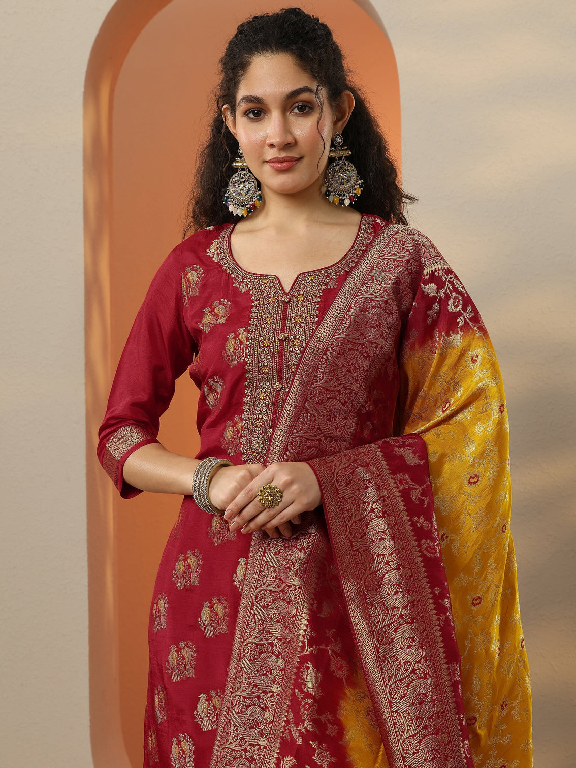 Mameraa Red Woven Design Silk Blend Straight Suit Set With Dupatta