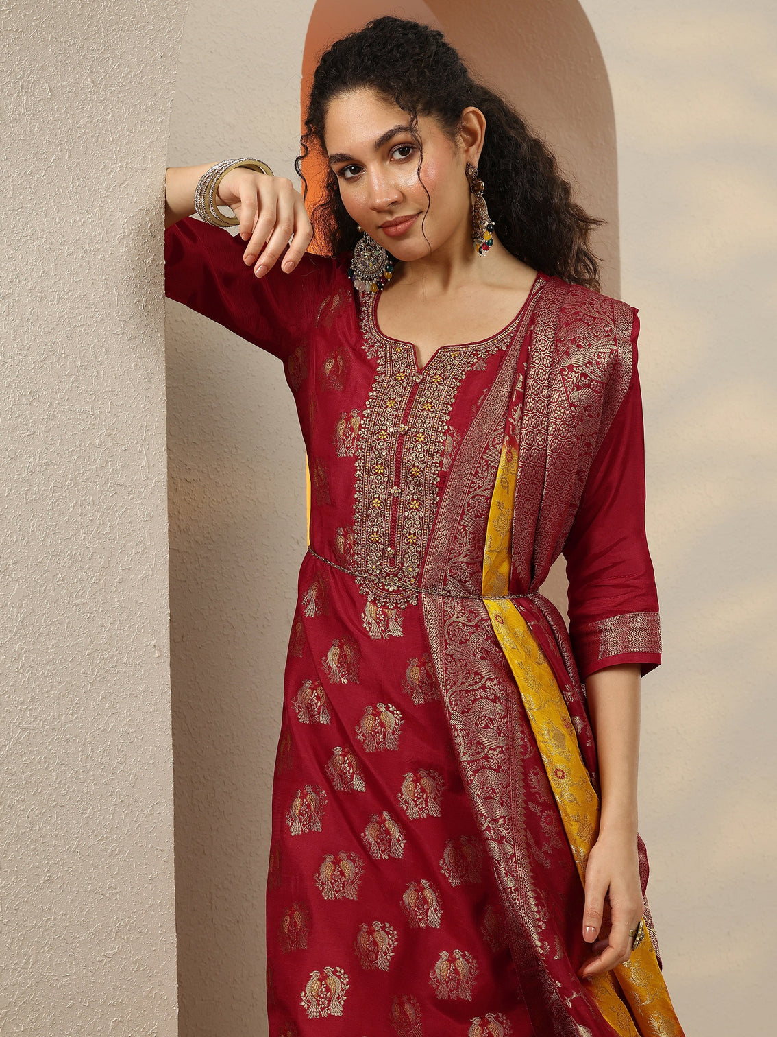 Mameraa Red Woven Design Silk Blend Straight Suit Set With Dupatta