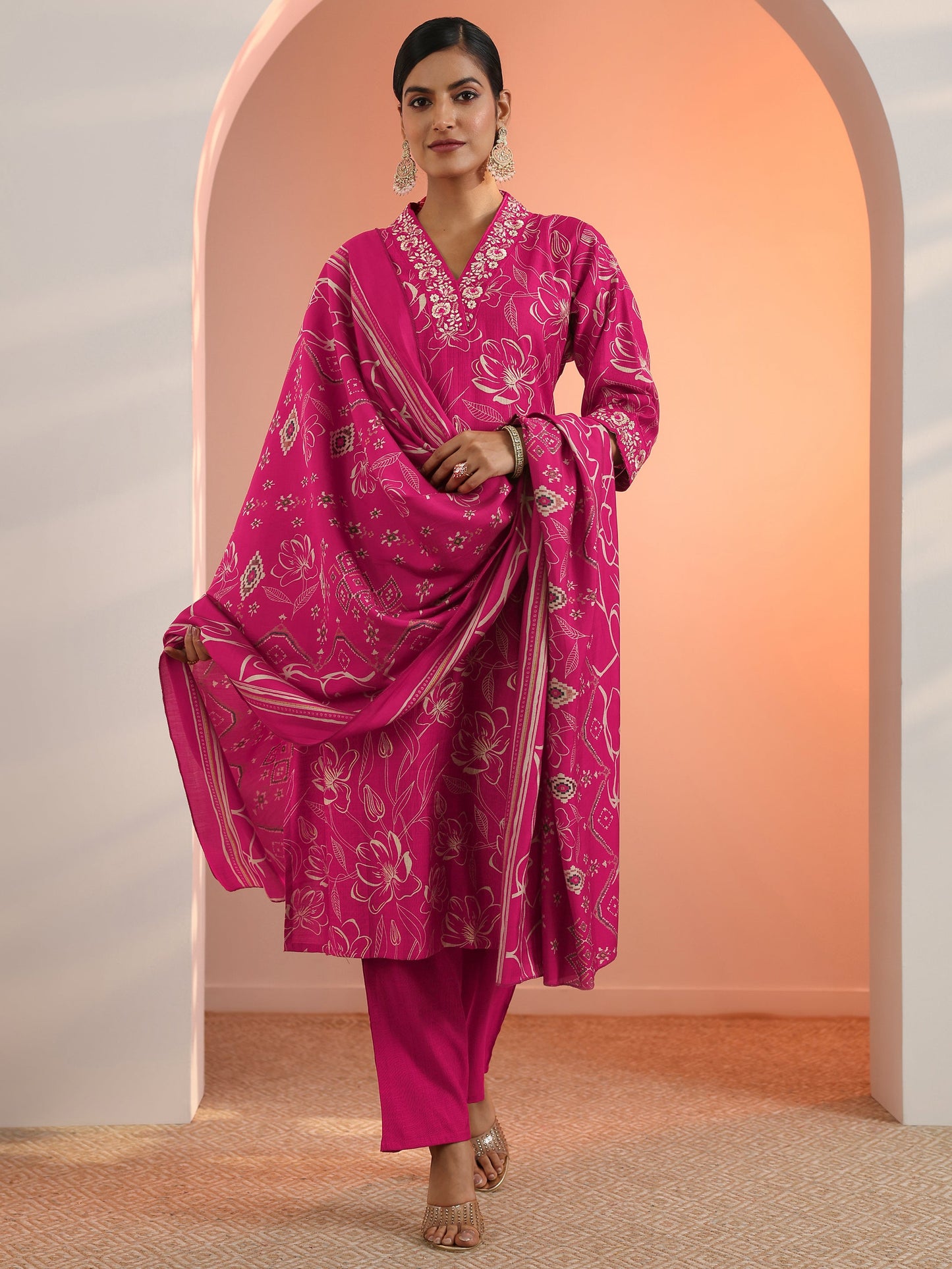 Gerua Pink Printed Silk Blend Straight Suit Set With Dupatta