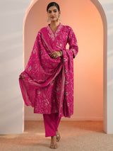 Gerua Pink Printed Silk Blend Straight Suit Set With Dupatta