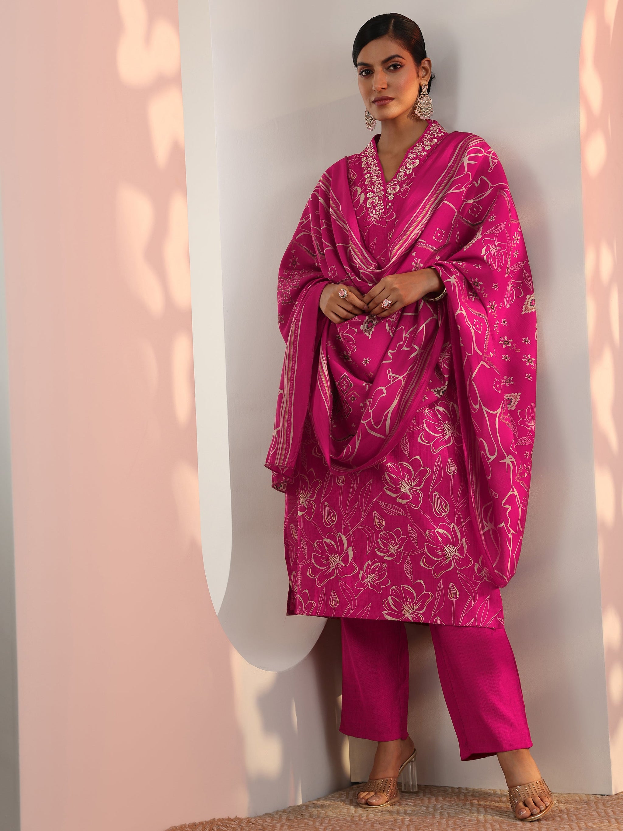 Gerua Pink Printed Silk Blend Straight Suit Set With Dupatta