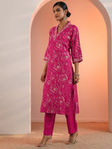 Gerua Pink Printed Silk Blend Straight Suit Set With Dupatta