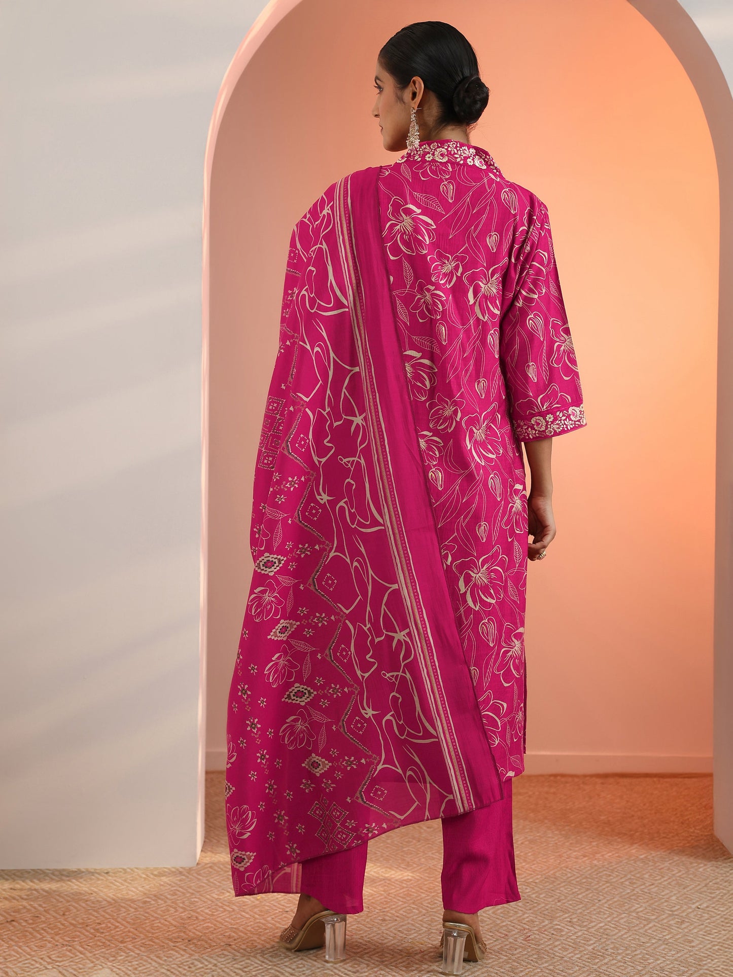 Gerua Pink Printed Silk Blend Straight Suit Set With Dupatta
