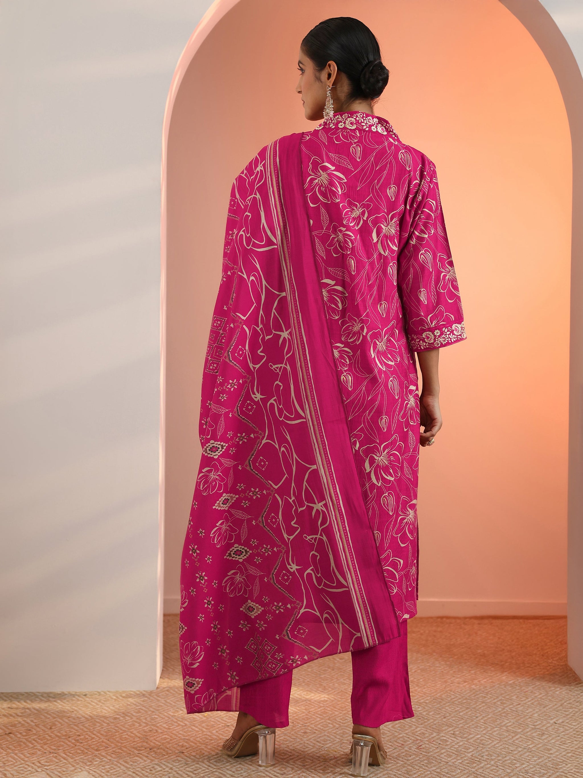 Gerua Pink Printed Silk Blend Straight Suit Set With Dupatta