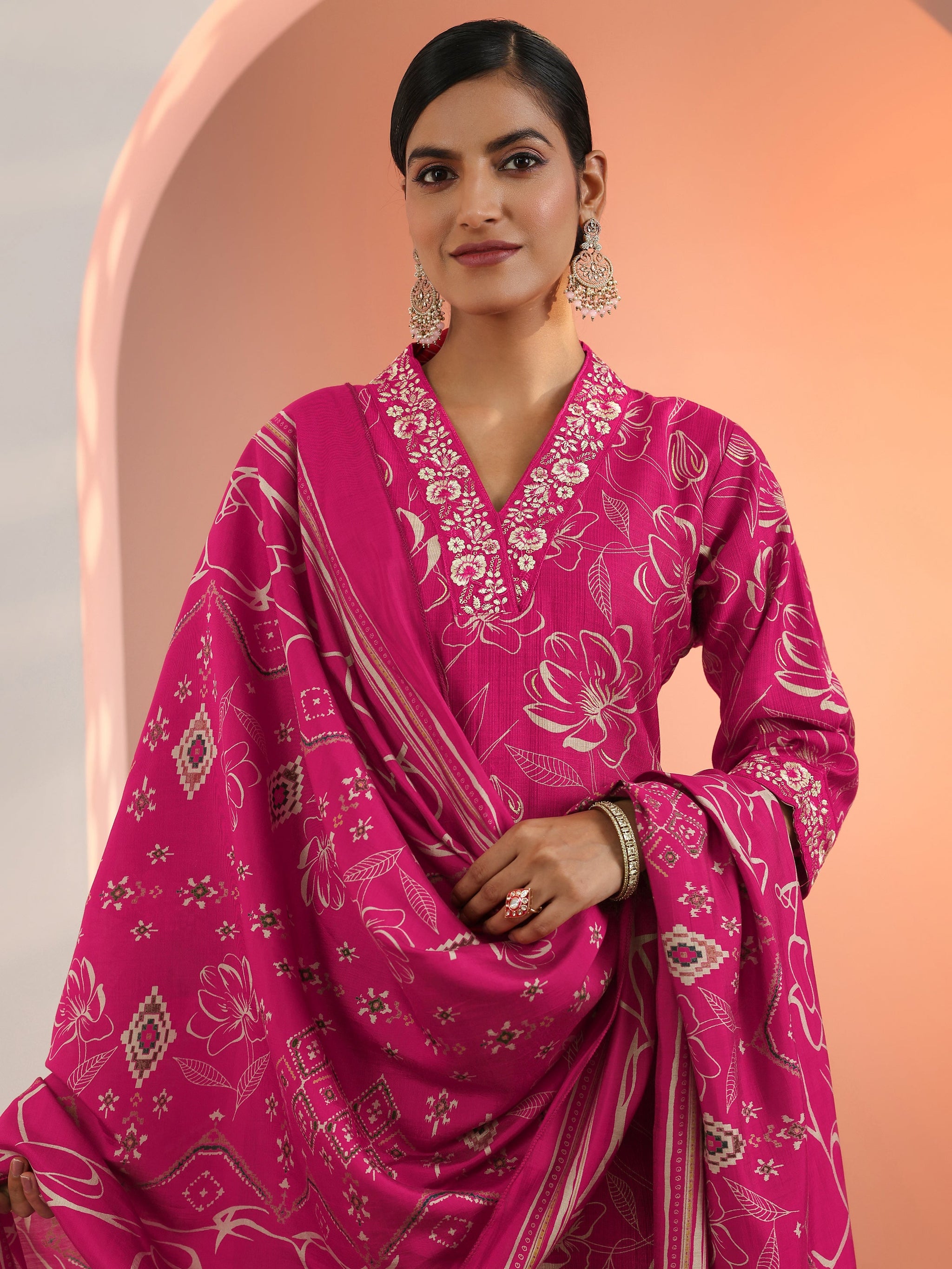 Gerua Pink Printed Silk Blend Straight Suit Set With Dupatta