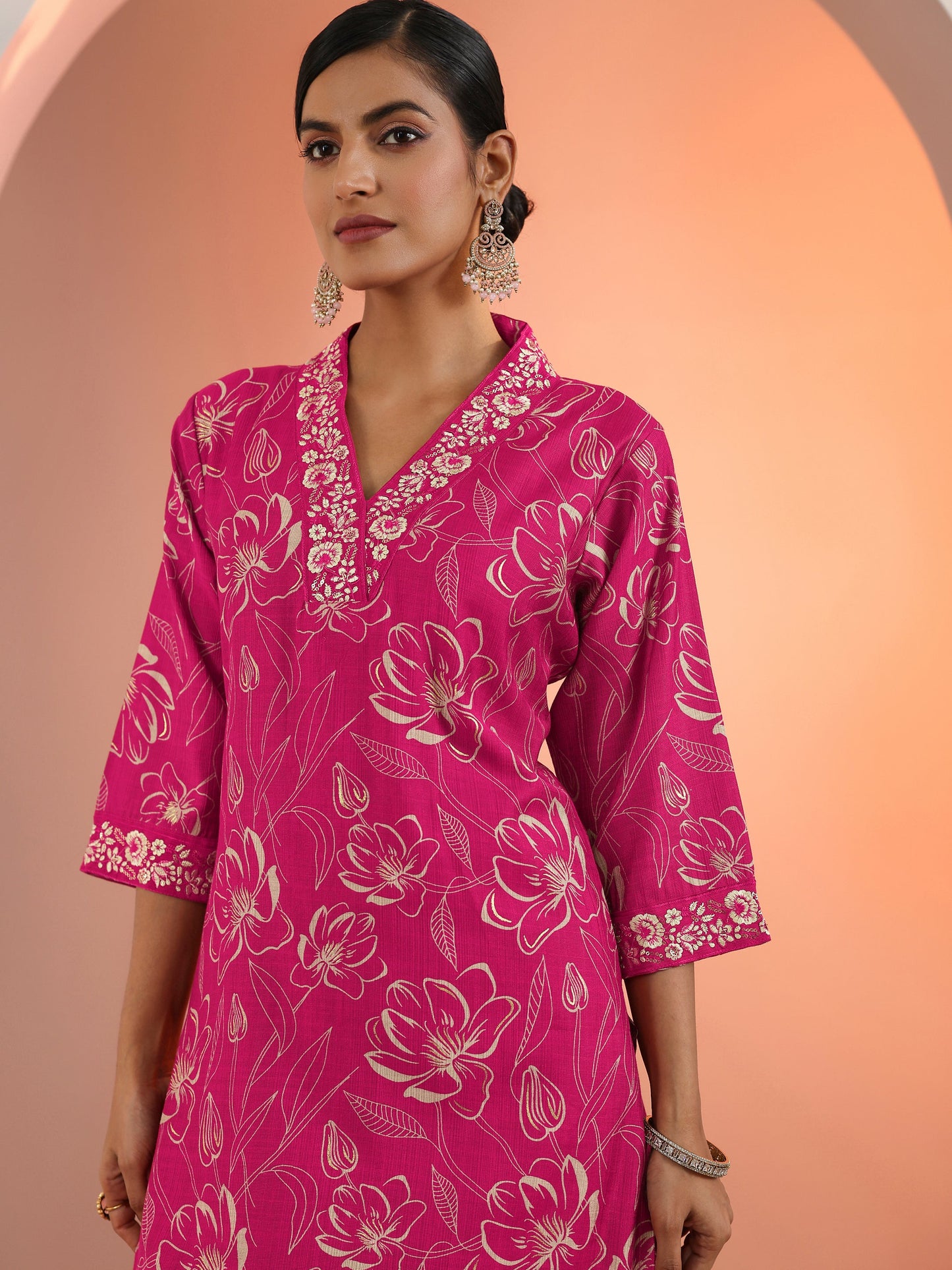 Gerua Pink Printed Silk Blend Straight Suit Set With Dupatta
