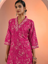 Gerua Pink Printed Silk Blend Straight Suit Set With Dupatta
