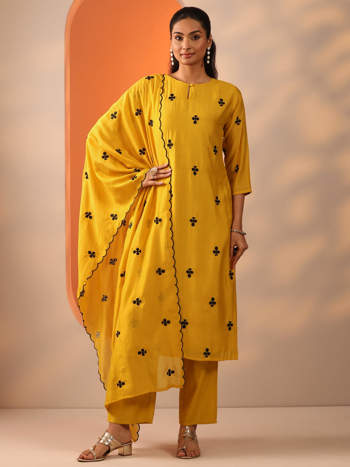 Mameraa Mustard Embroidered Cotton Blend Straight Suit Set With Dupatta