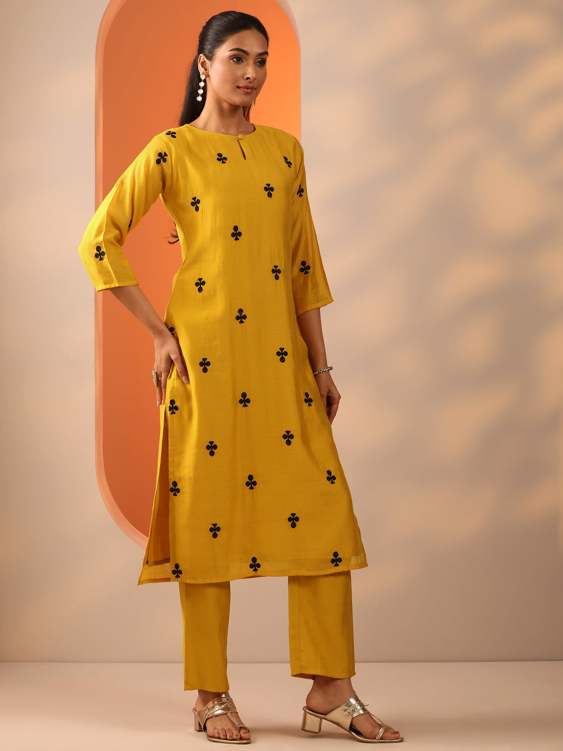 Mameraa Mustard Embroidered Cotton Blend Straight Suit Set With Dupatta