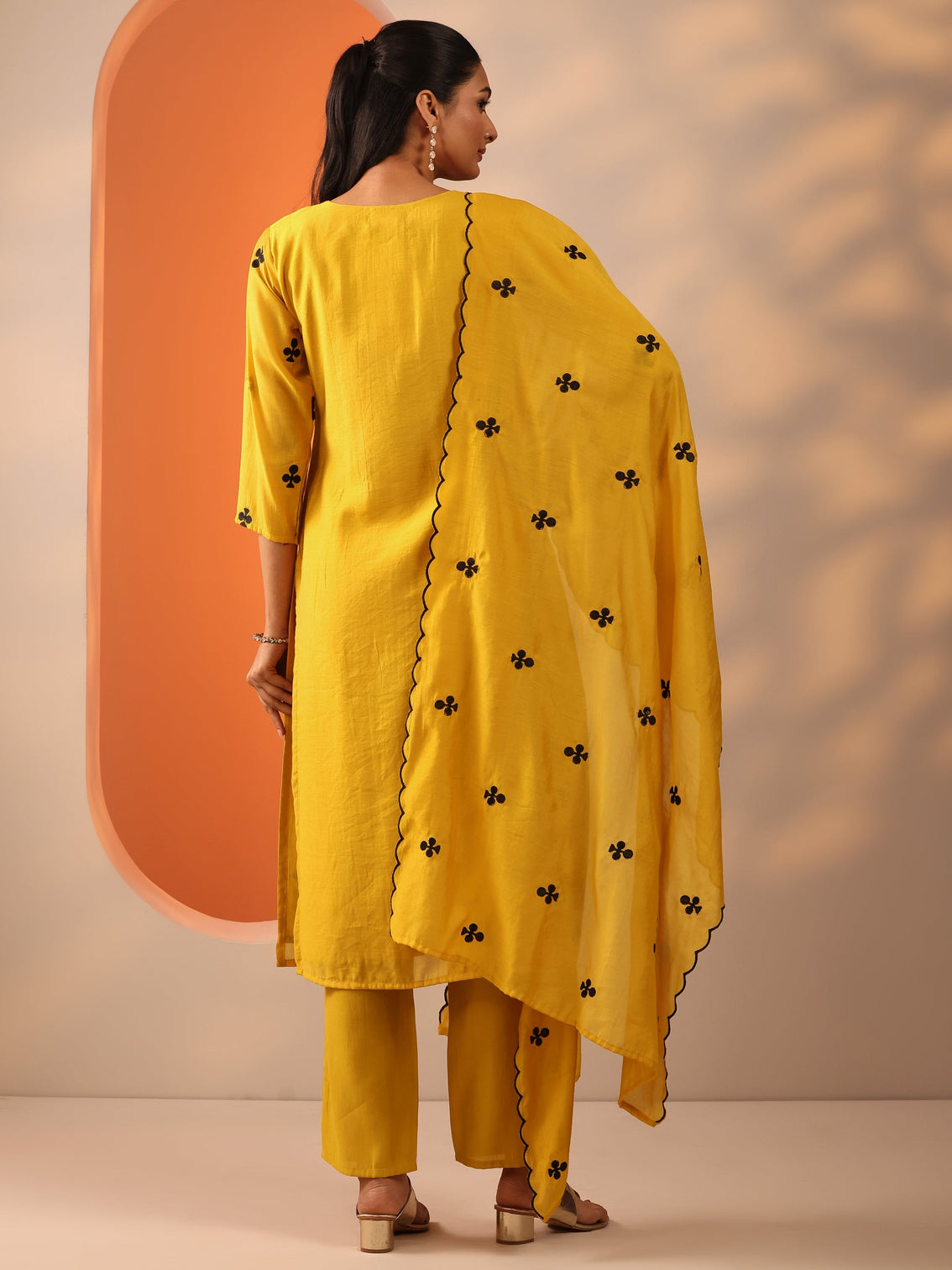 Mameraa Mustard Embroidered Cotton Blend Straight Suit Set With Dupatta