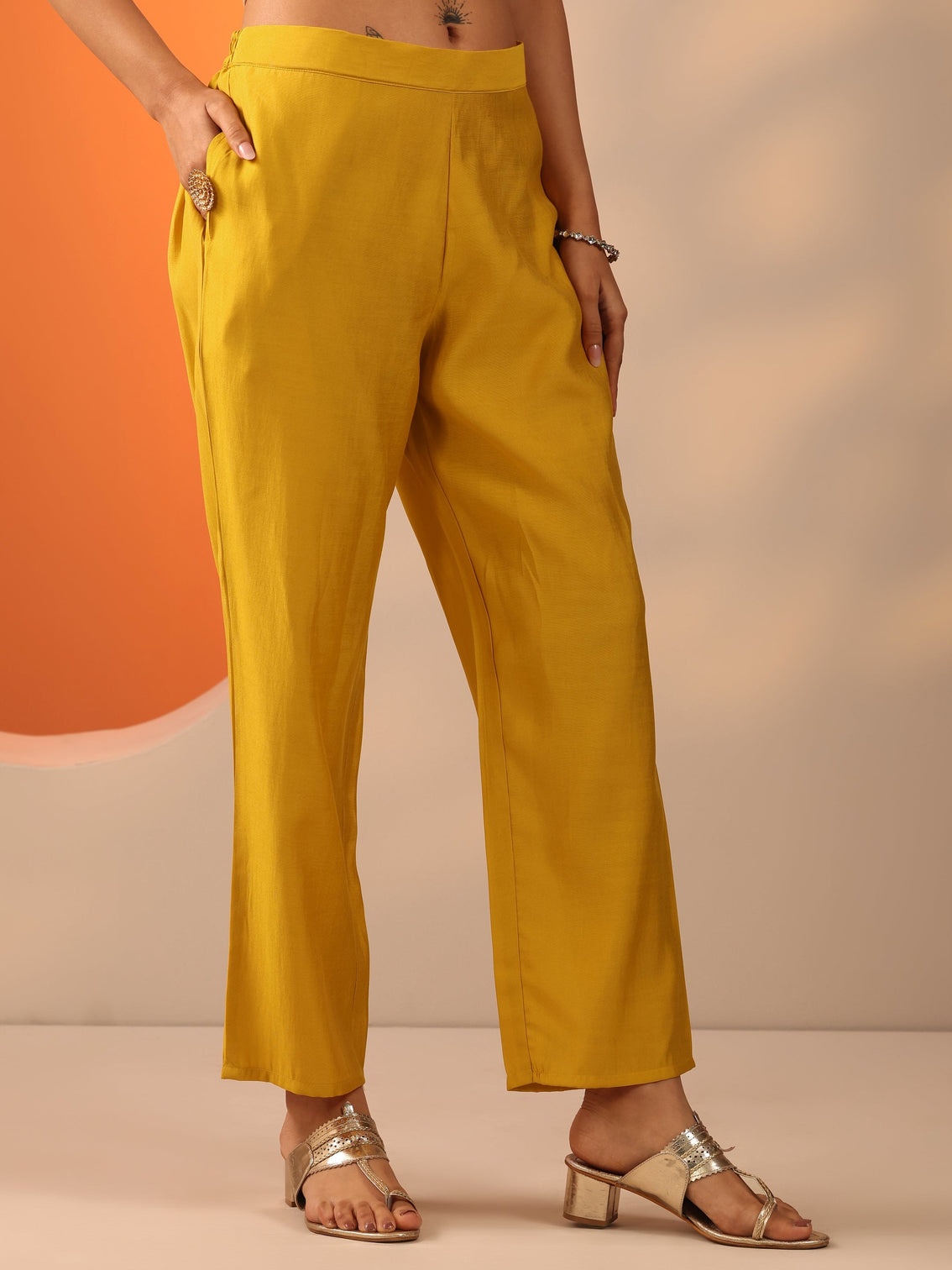 Mameraa Mustard Embroidered Cotton Blend Straight Suit Set With Dupatta