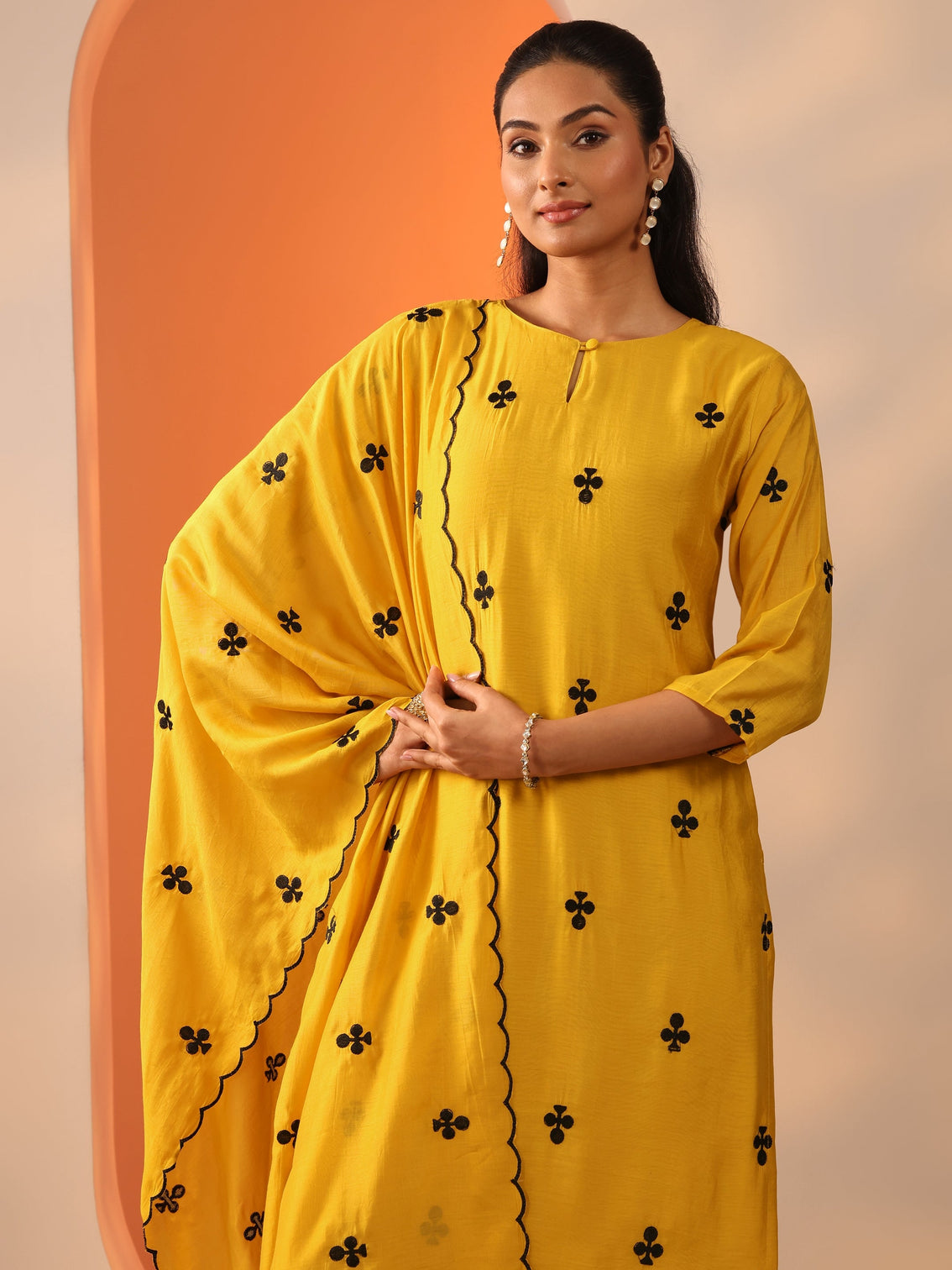 Mameraa Mustard Embroidered Cotton Blend Straight Suit Set With Dupatta