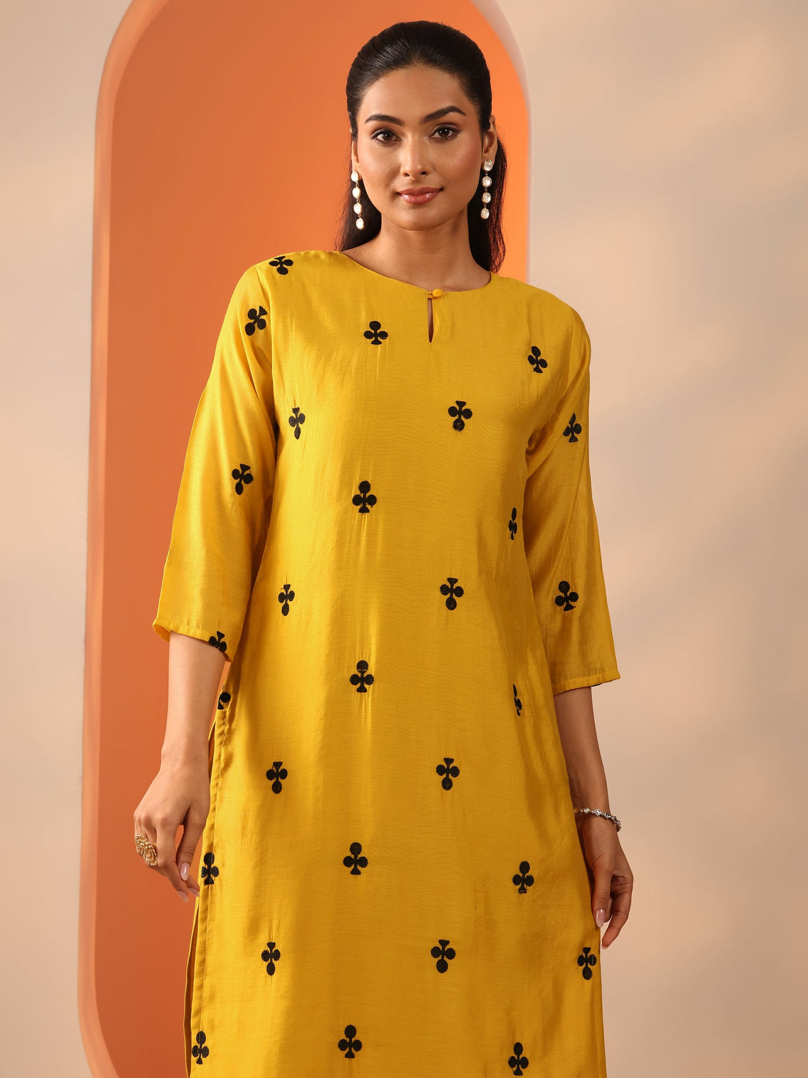 Mameraa Mustard Embroidered Cotton Blend Straight Suit Set With Dupatta