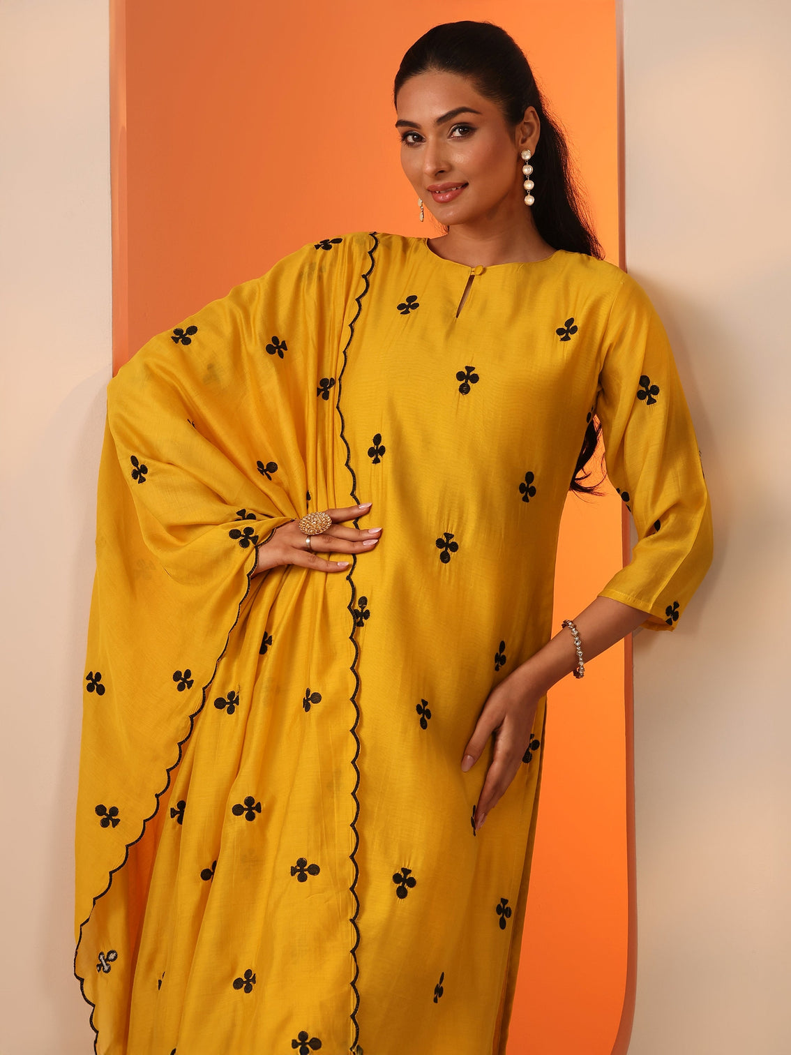 Mameraa Mustard Embroidered Cotton Blend Straight Suit Set With Dupatta