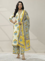 Libas Off white Printed Cotton Straight Suit Set With Dupatta