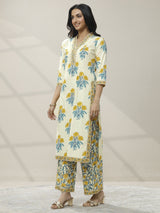Libas Off white Printed Cotton Straight Suit Set With Dupatta