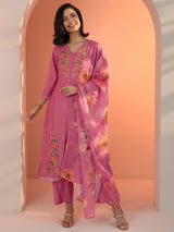 Libas Pink Embroidered Silk Blend Straight Suit Set With Dupatta
