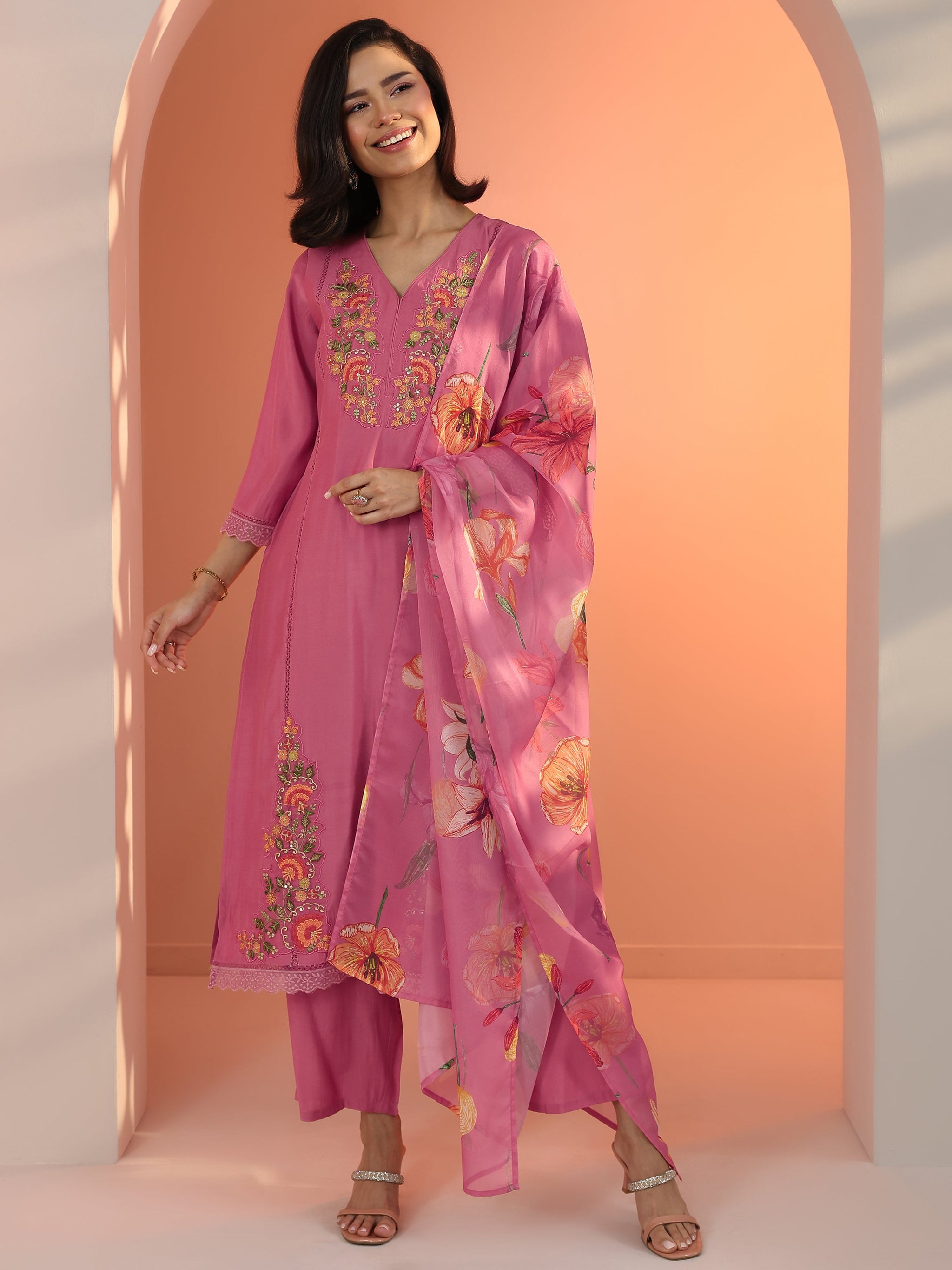 Libas Pink Embroidered Silk Blend Straight Suit Set With Dupatta