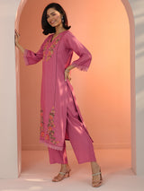 Libas Pink Embroidered Silk Blend Straight Suit Set With Dupatta