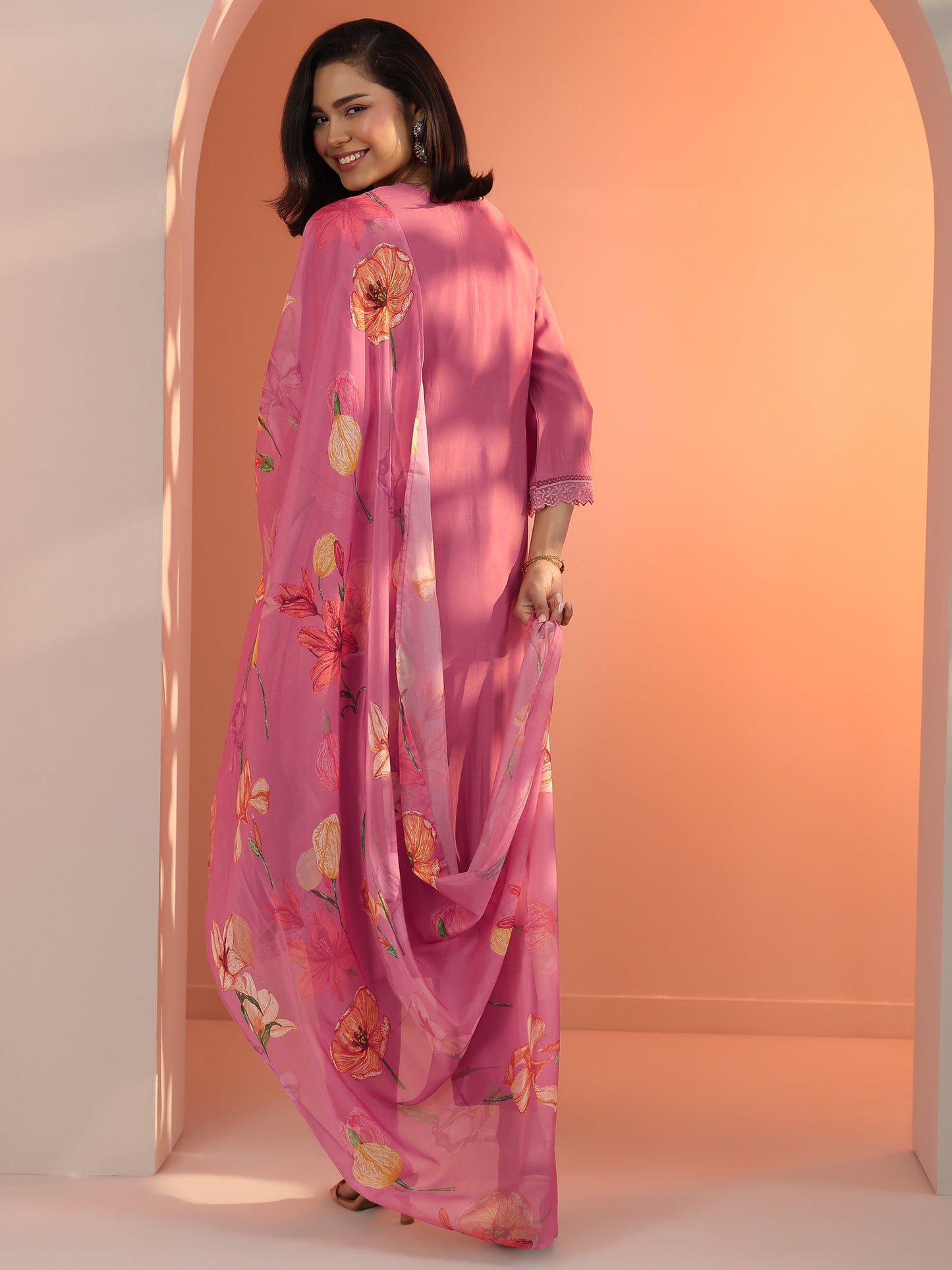 Libas Pink Embroidered Silk Blend Straight Suit Set With Dupatta