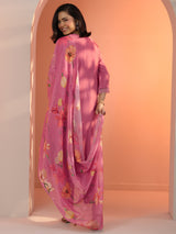 Libas Pink Embroidered Silk Blend Straight Suit Set With Dupatta