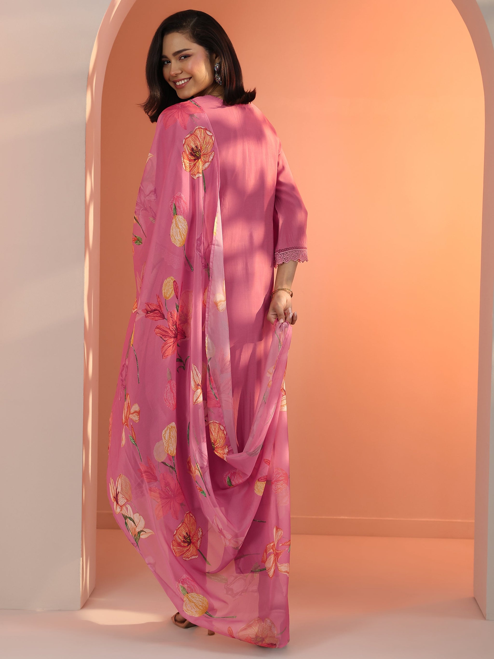 Libas Pink Embroidered Silk Blend Straight Suit Set With Dupatta
