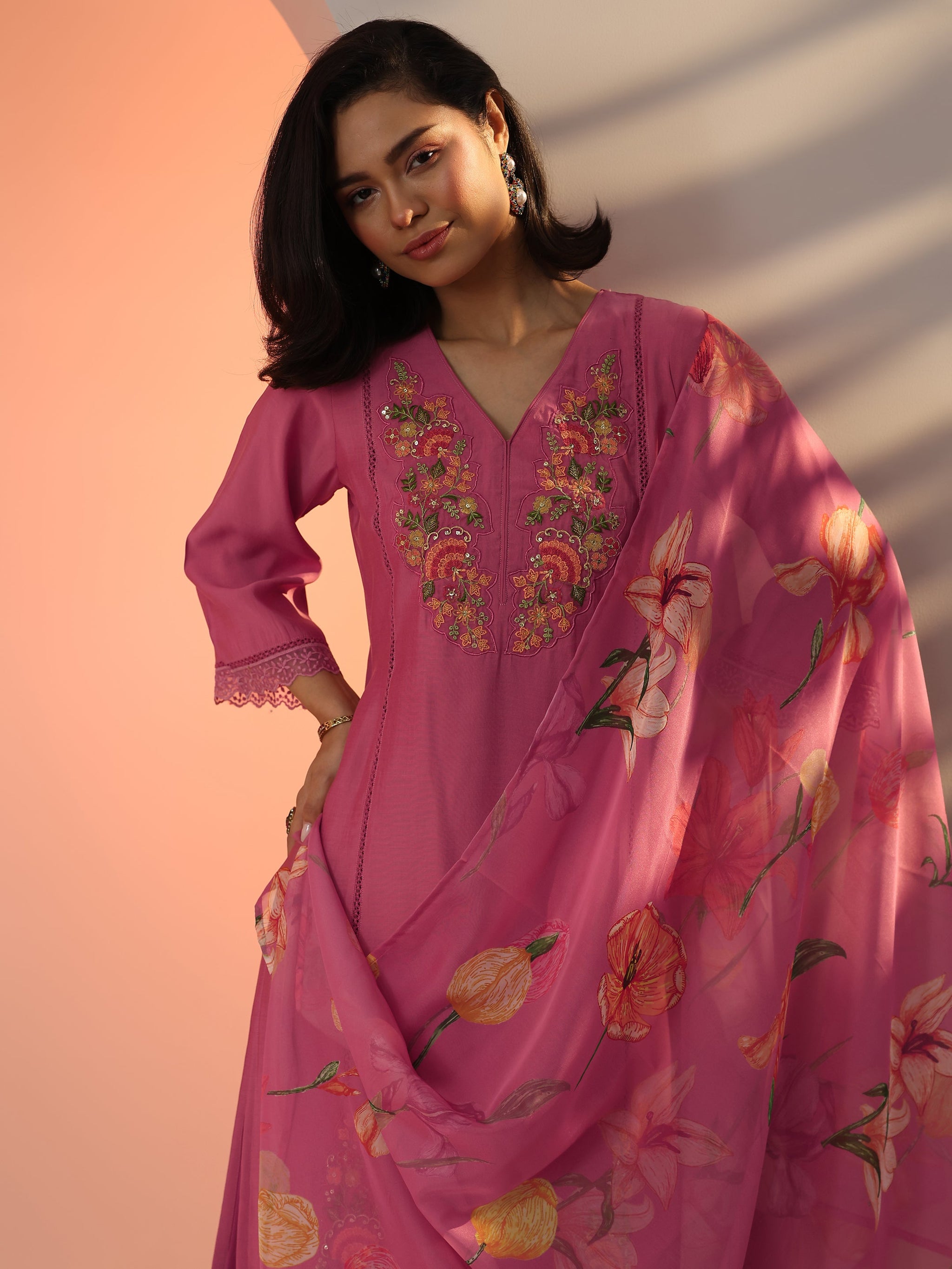 Libas Pink Embroidered Silk Blend Straight Suit Set With Dupatta