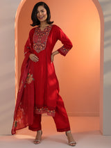 Libas Red Embroidered Silk Blend Straight Suit Set With Dupatta