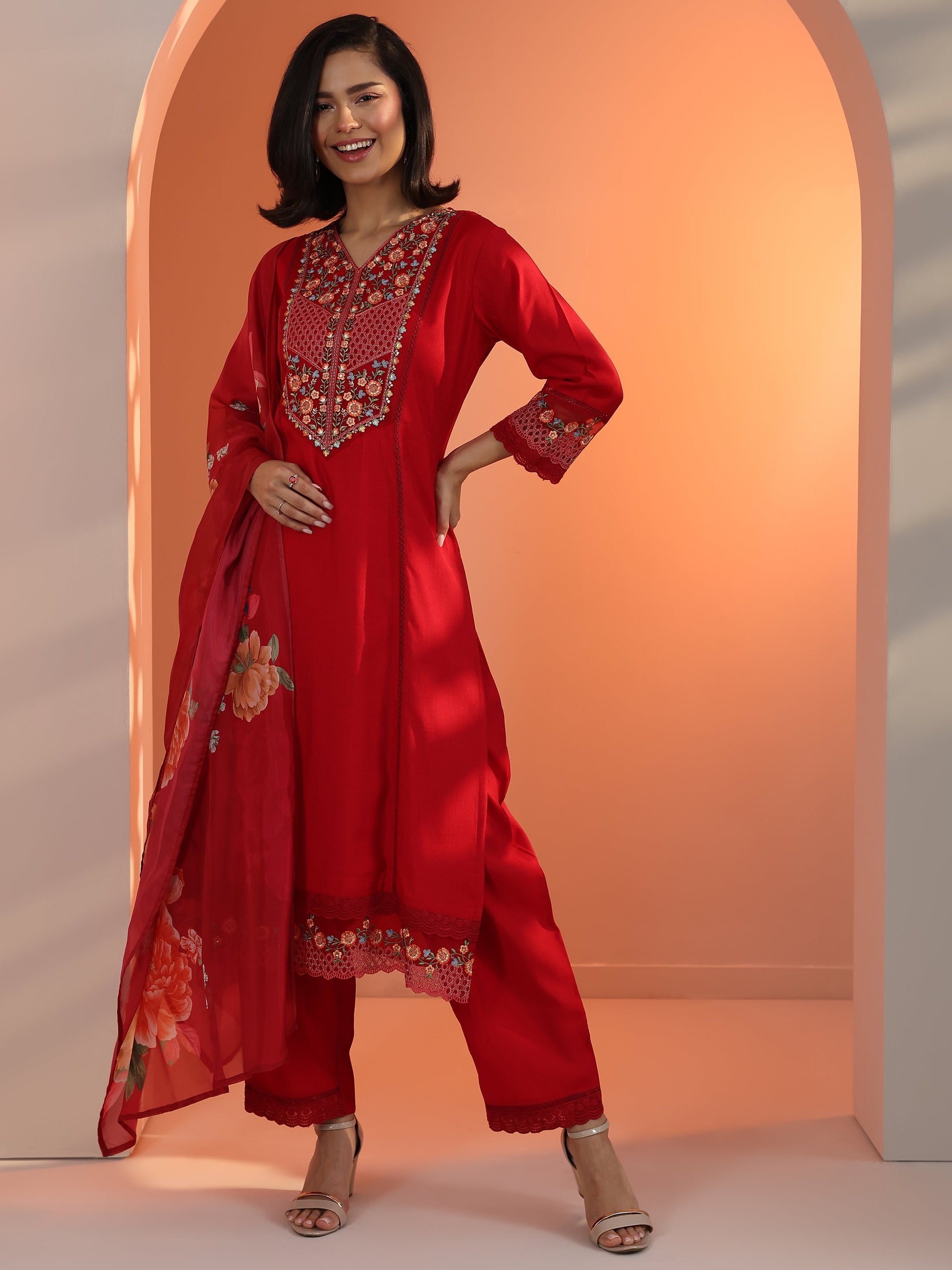 Libas Red Embroidered Silk Blend Straight Suit Set With Dupatta