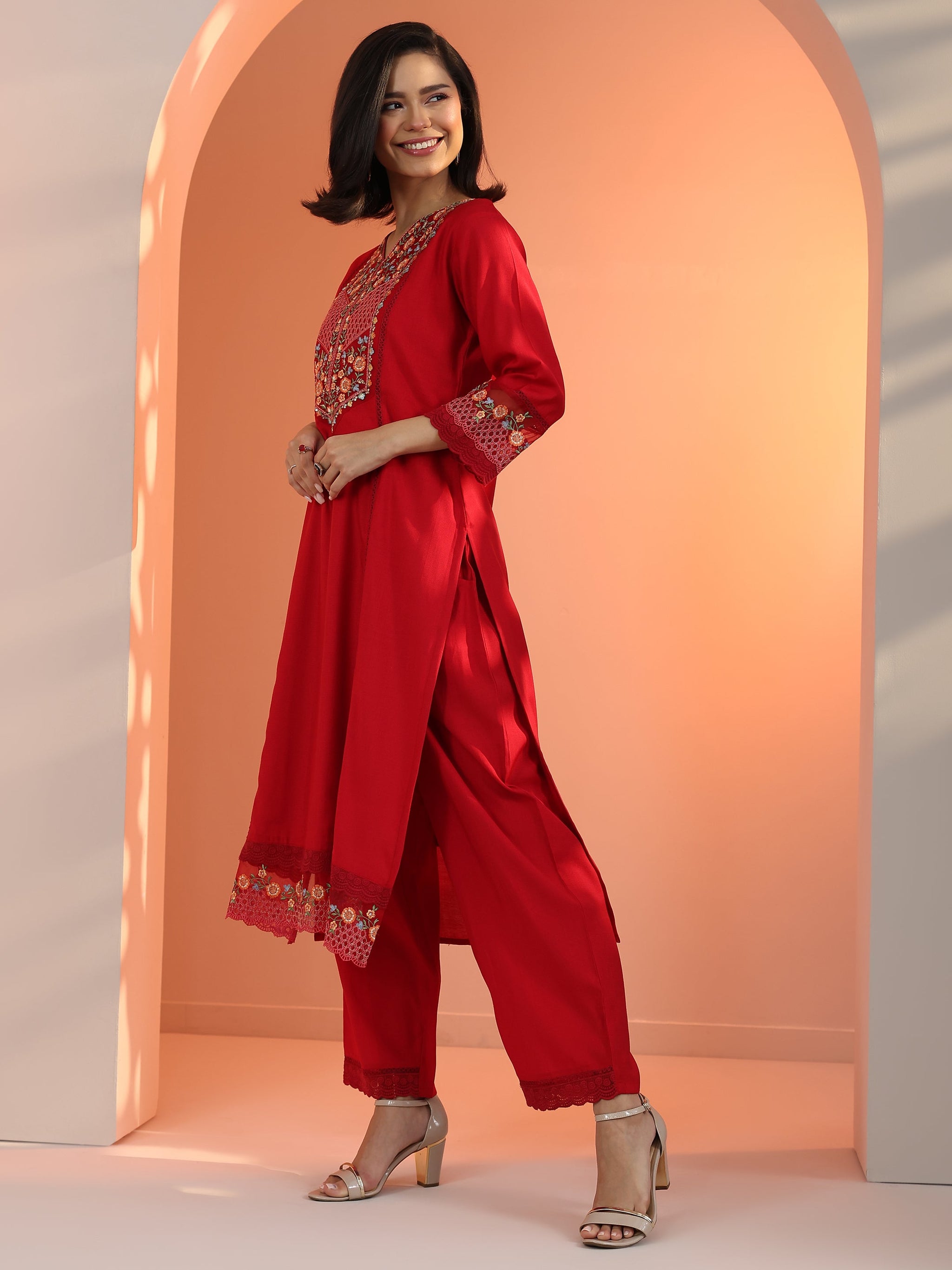 Libas Red Embroidered Silk Blend Straight Suit Set With Dupatta