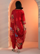Libas Red Embroidered Silk Blend Straight Suit Set With Dupatta