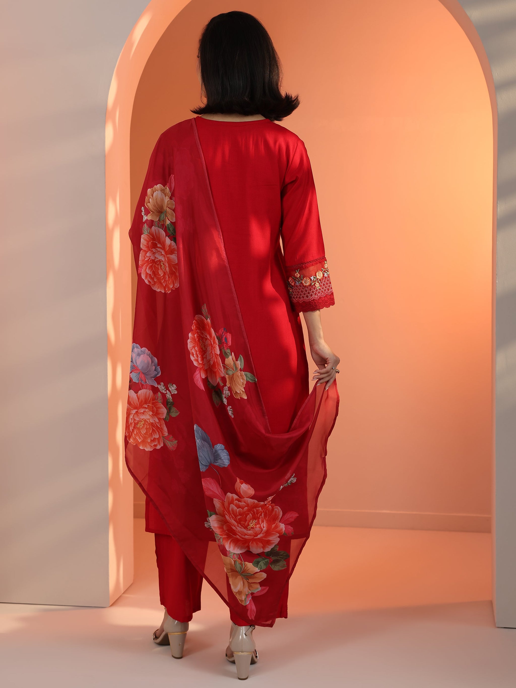 Libas Red Embroidered Silk Blend Straight Suit Set With Dupatta