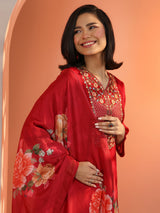 Libas Red Embroidered Silk Blend Straight Suit Set With Dupatta